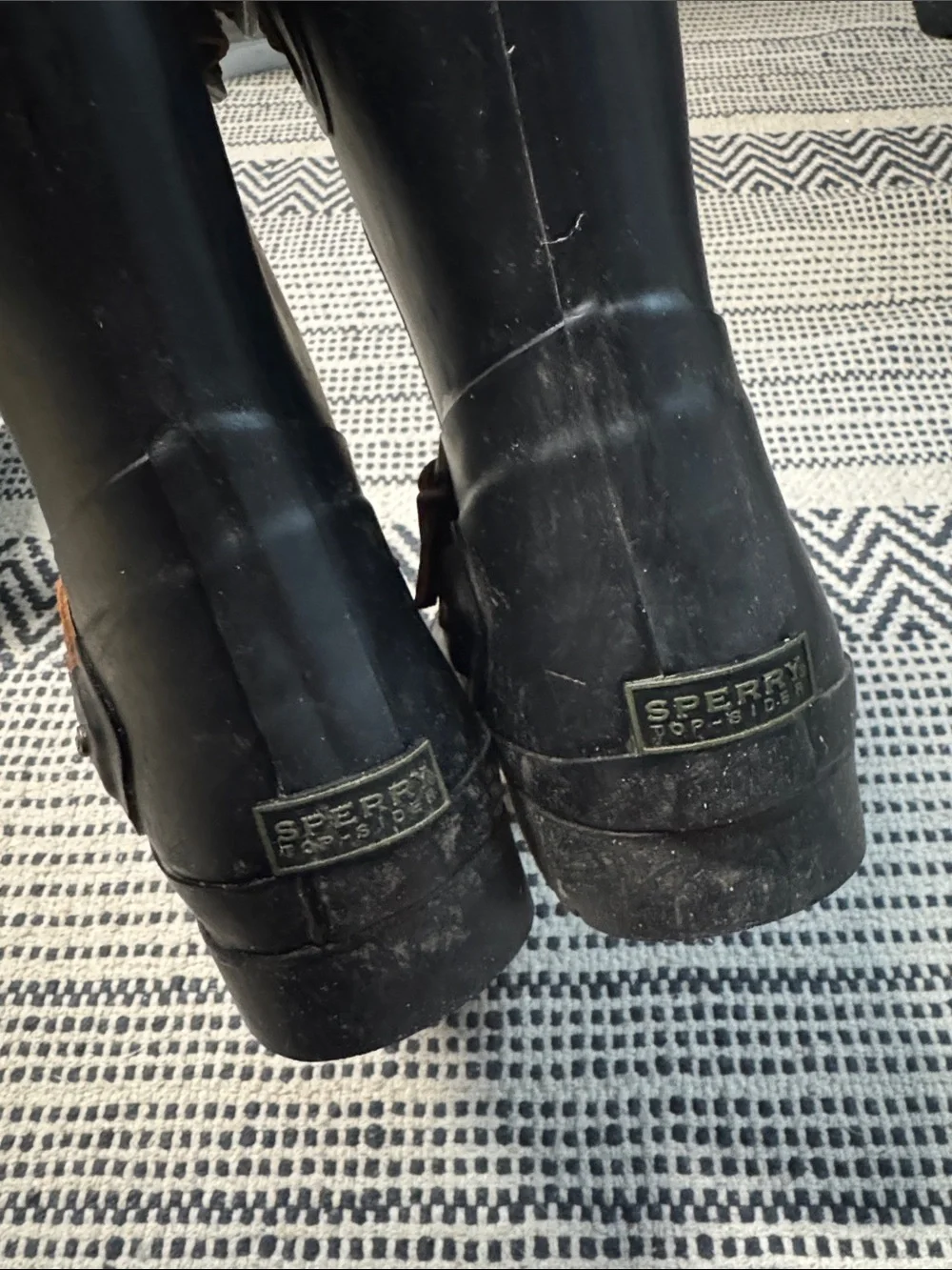 Sperry Women's Black Rain Boots with Brown Trim and Buckles